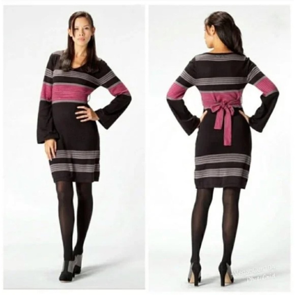 prAna Sydney Sweater Dress Knit Striped Belted V Size Small Grey Black Red - Picture 1 of 14